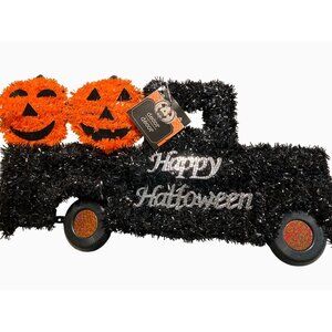 Halloween Black Truck Decoration With Pumpkins & Glitter Accents